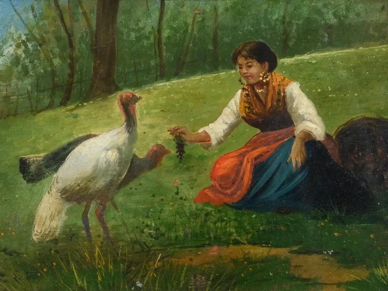 1836-Valerico Laccetti - Contadinella su un prato con pavone